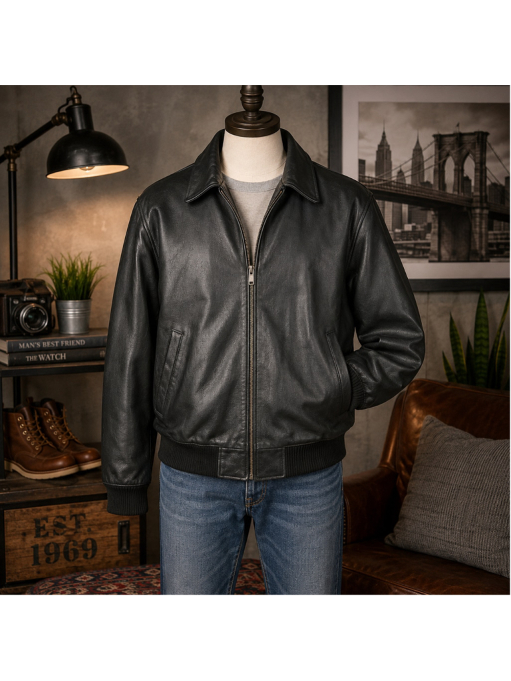 GAP Boys L Genuine Leather Bomber Jacket Black Full Zip Ribbed Vintage